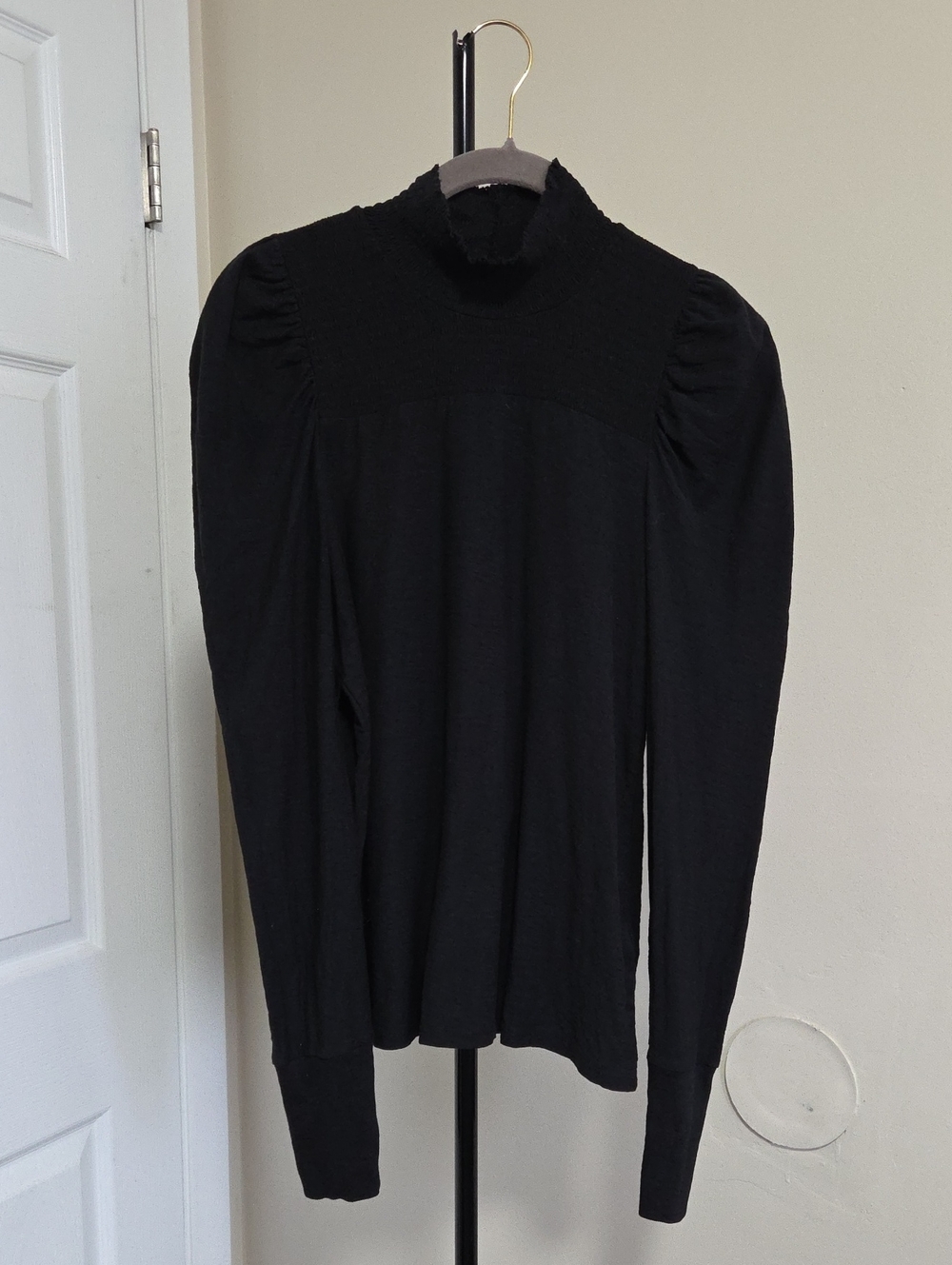 Nation LTD 100% Cotton Black Mock Neck Long-Sleeve Top with Puffed Shoulders